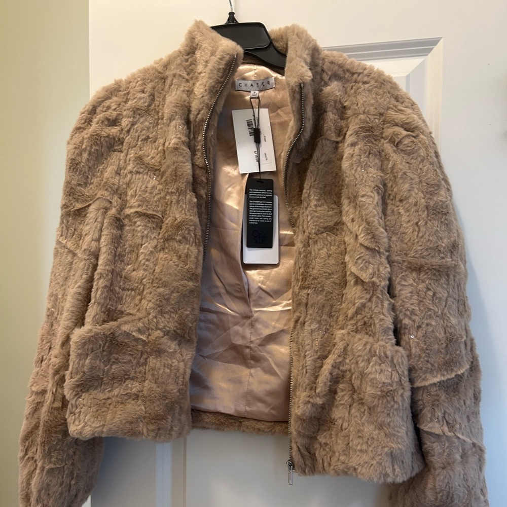 Fur bomber jacket. Tan/golden color. Size small. NWT